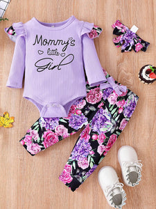 Baby Girl Graphic Ribbed Ruffle Shoulder Bodysuit and Printed Pants Set