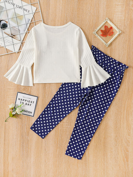 Girls Graphic Flared Sleeve T-Shirt and Polka Dot Pants Set