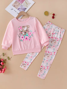 Girls Bear Graphic Sweatshirt and Printed Pants Set