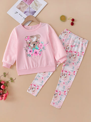 Girls Bear Graphic Sweatshirt and Printed Pants Set