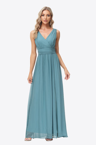 Empire Waist Split Surplice Sleeveless Formal Dress