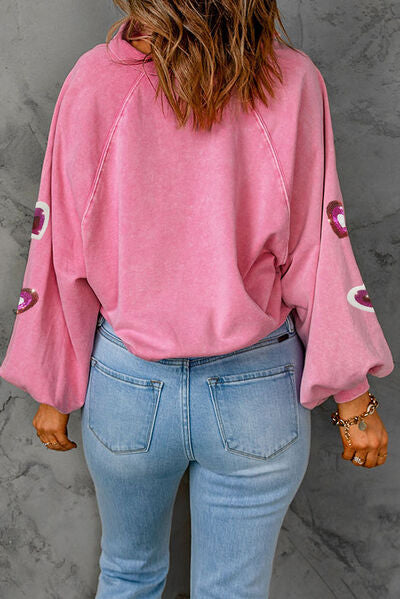 Heart Sequin Half Snap Collared Neck Sweatshirt