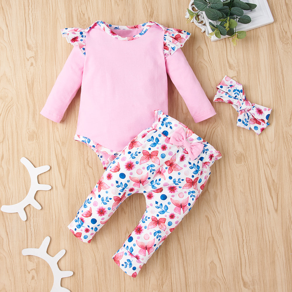 Baby Girl Bodysuit and Floral Paperbag Pants Set with Bow