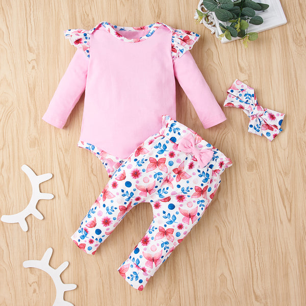 Baby Girl Bodysuit and Floral Paperbag Pants Set with Bow