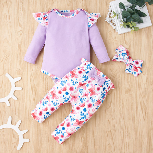 Baby Girl Bodysuit and Floral Paperbag Pants Set with Bow