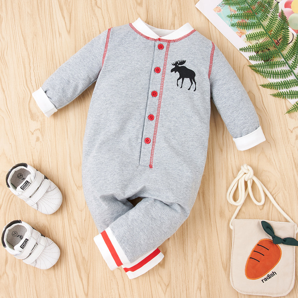 Baby Button Front Moose Graphic Jumpsuit