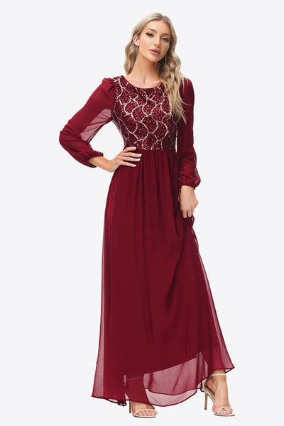 Contrast Sequin Puff Sleeve Formal Dress