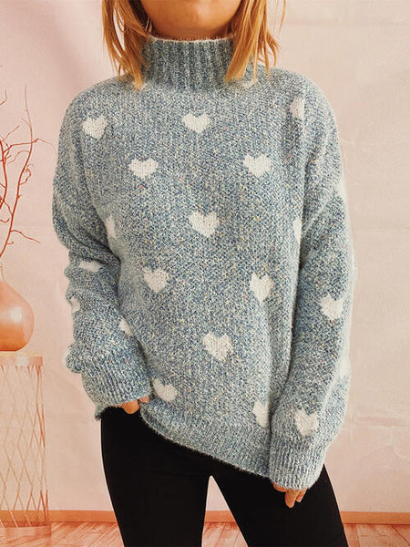 Heart Heathered Turtleneck Drop Shoulder Sweater