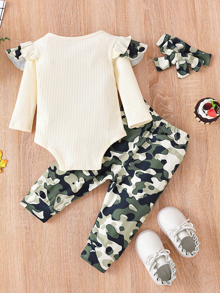 Baby Girl Graphic Ribbed Ruffle Shoulder Bodysuit and Printed Pants Set