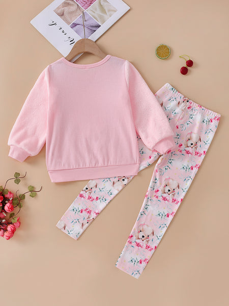 Girls Bear Graphic Sweatshirt and Printed Pants Set