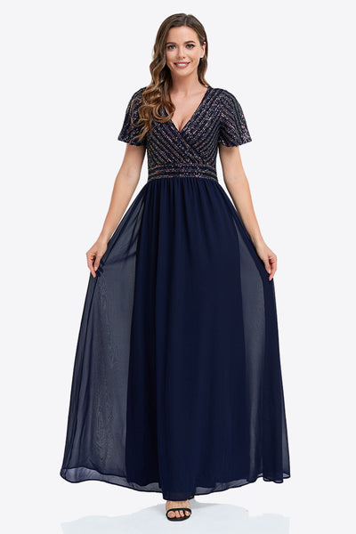 Sequin Flutter Sleeve Surplice Spliced Formal Dress