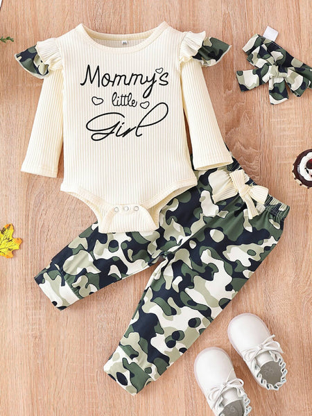 Baby Girl Graphic Ribbed Ruffle Shoulder Bodysuit and Printed Pants Set