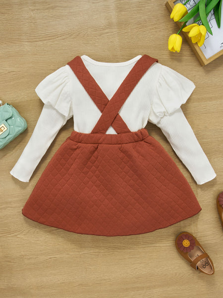 Girls Two-Tone Ribbed Top and Bow Pinafore Skirt Set