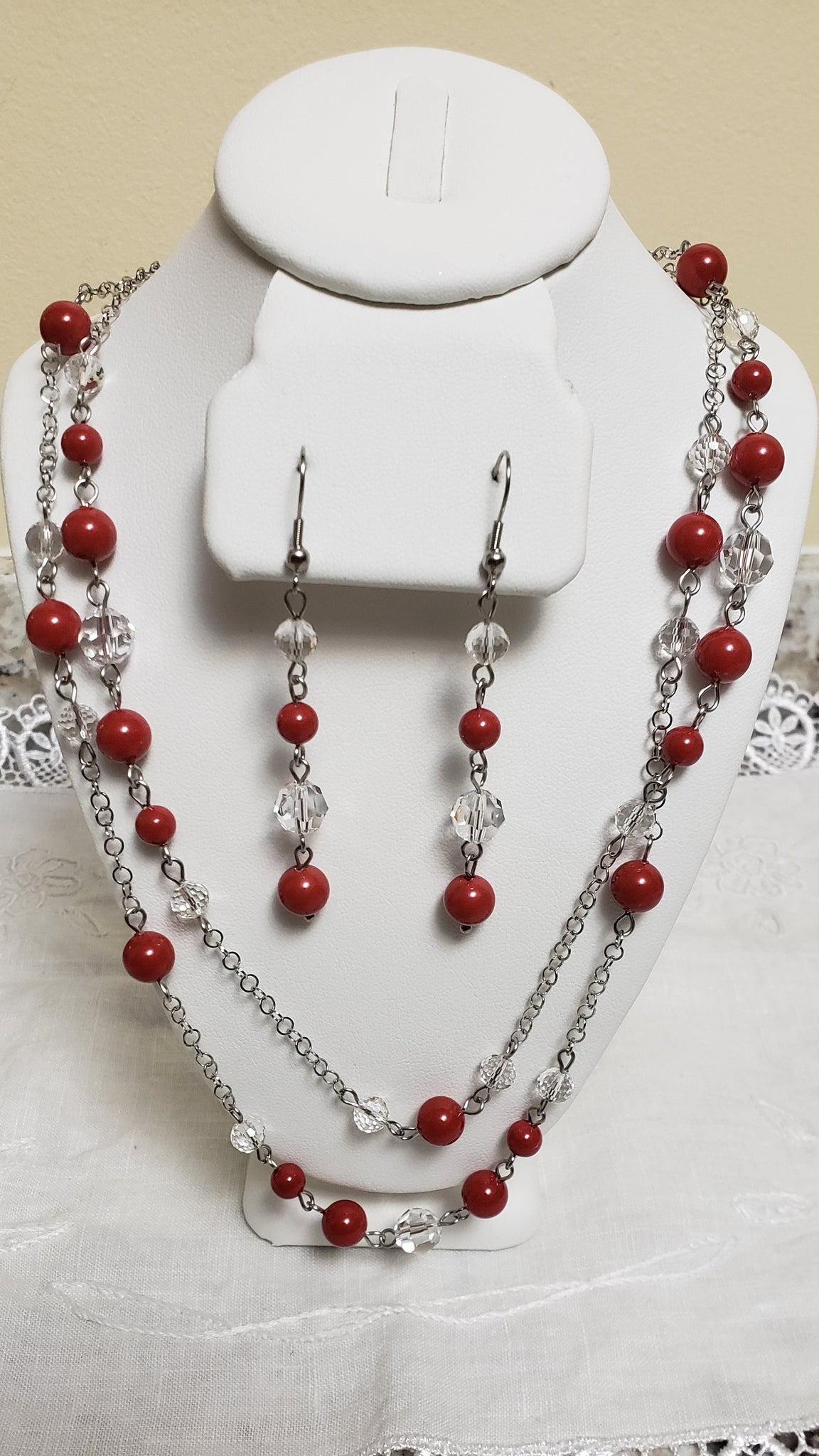 Coral Crystal Double Chain Parure