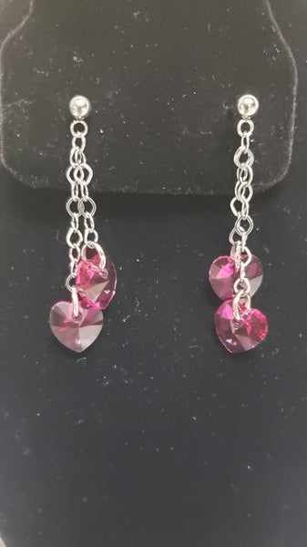 Double Chain Earrings with Heart Swarovski Elements