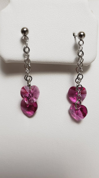 Double Chain Earrings with Heart Swarovski Elements