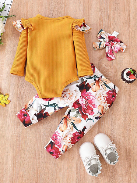 Baby Girl Graphic Ribbed Ruffle Shoulder Bodysuit and Printed Pants Set