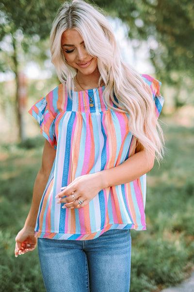 Multicolored Stripe Flutter Sleeve Blouse