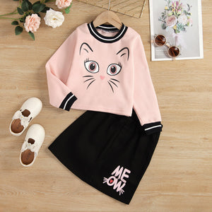 Girls Cat Graphic Sweatshirt and MEOW Skirt Set