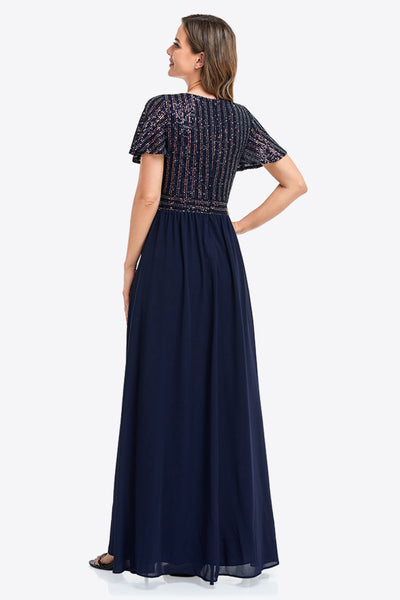 Sequin Flutter Sleeve Surplice Spliced Formal Dress