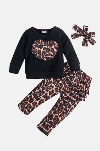 Girls Leopard Print Heart Graphic Set with Bow