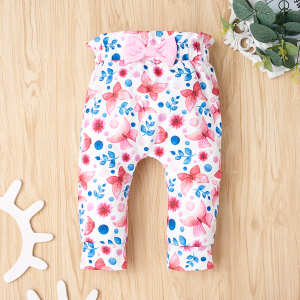 Baby Girl Bodysuit and Floral Paperbag Pants Set with Bow