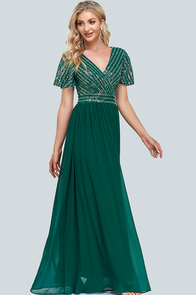 Sequin Flutter Sleeve Surplice Spliced Formal Dress