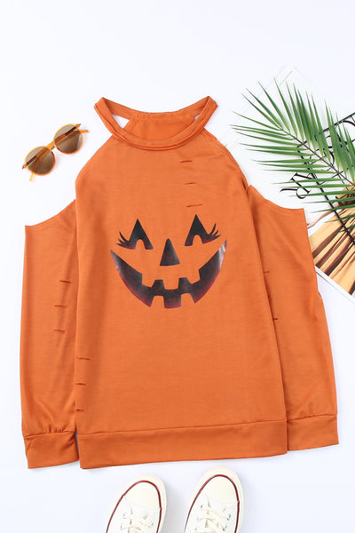 Halloween Graphic Cold-Shoulder Distressed Sweatshirt