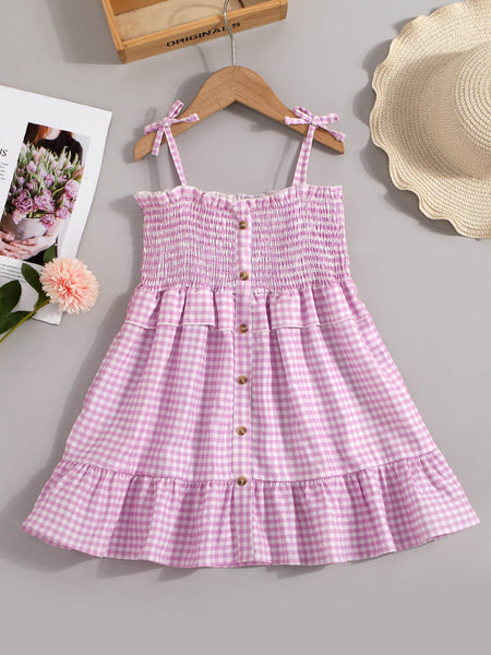 Girls Gingham Decorative Button Smocked Dress