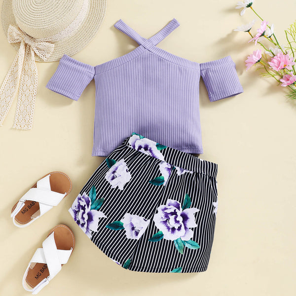 Girls Ribbed Cold-Shoulder Top and Mixed Print Belted Shorts Set